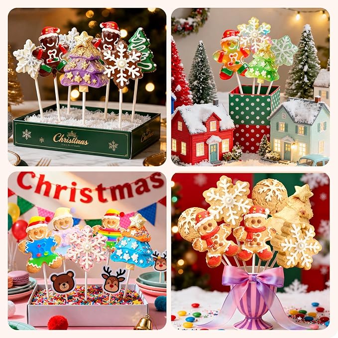 Mity Rain Christmas Cake Pop Mold Shapes Press Set, Christmas Tree & Snowflakes Snowball & Gingerbread Man Mold & Cakepop Stick, 3D Printed Cakepop Molds Cutter for Home Baking,Birthday Parties
