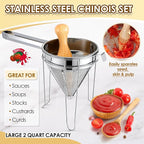 Feekoon Stainless Steel Chinois Strainer with Stand and Wooden Pestle Set, China Cap Strainer for Tomato, Berry, Fruit, Egg, Soup and Other Canning Jam Making Supplies, 15.35 x 7.67 x 7.28 inch