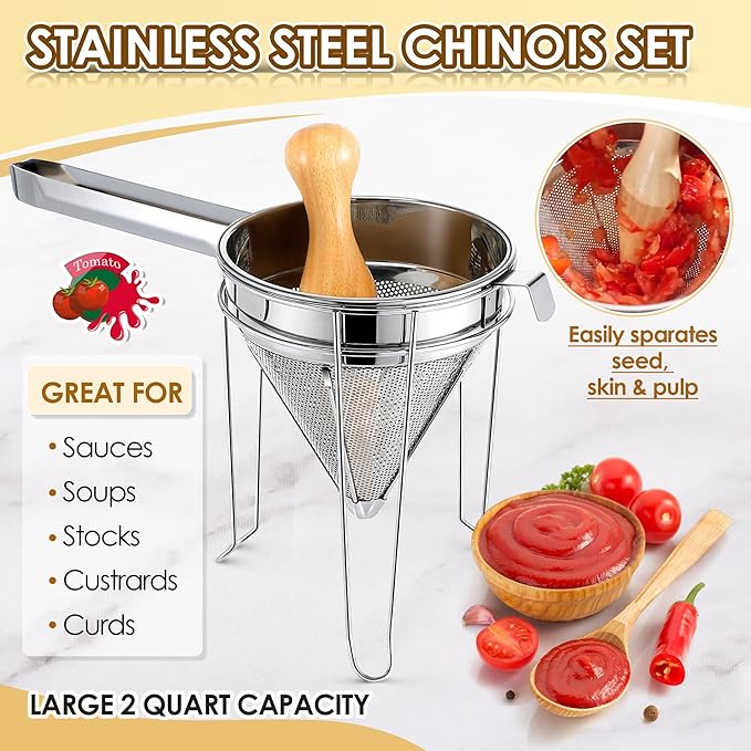 Feekoon Stainless Steel Chinois Strainer with Stand and Wooden Pestle Set, China Cap Strainer for Tomato, Berry, Fruit, Egg, Soup and Other Canning Jam Making Supplies, 15.35 x 7.67 x 7.28 inch