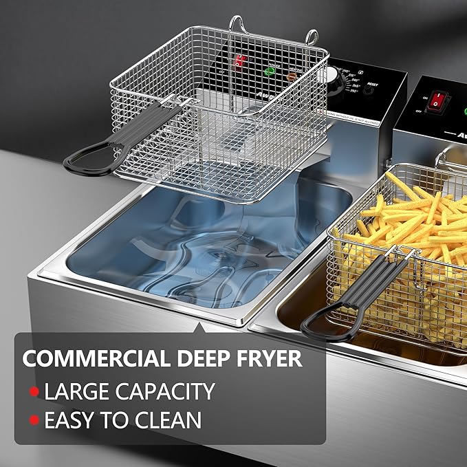 Commercial Deep Fryer,3400W Electric Deep Fryers with Baskets Thickened Stainless Steel Countertop Oil Fryer,10L X 2(21.3QT) Electric Countertop Fryer for Restaurant and Home Use