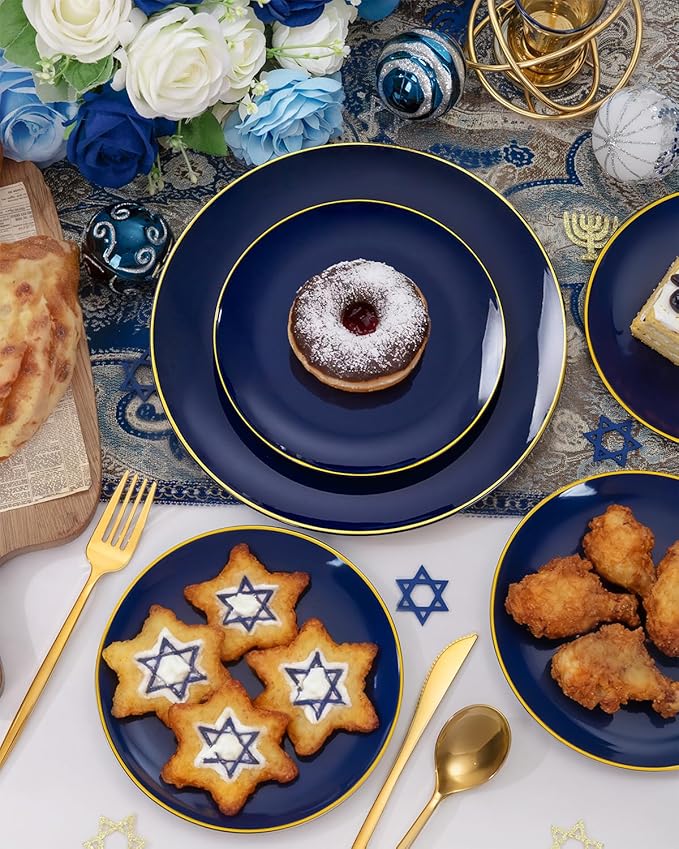PULOTE 200 Pieces Blue Plastic Plates - Navy Blue and Gold Disposable - Include 100PCS 10 inch Dinner & 100PCS 7 inch Dessert Plate for Party & Hanukkah