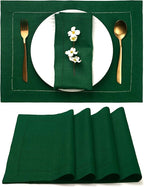 D'Moksha Homes Linen Placemats Set of 4 - Classic Hemstitch Forest Green Placemats 14 x 19 Inch - 100% Pure Linen Table Mats for Winter, Holiday, New Year - Handcrafted and Machine Washable