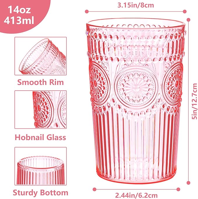Ciaell 12 Pack Romantic Plastic Water Glasses - 14 Oz Pink Vintage Drinking Glasses, Embossed Ribbed Plastic Cups, Textured Striped Set for Juice, Beverages, Beer, Cocktail & Mother's Day