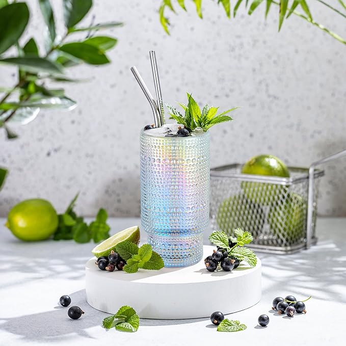 Joeyan Iridescent Drinking Glasses,Vintage Embossed Stacking Water Tumblers Romantic,Clear Hobnail Rainbow Glassware Set,Beaded Highball for Juice Beverages Coffee Tea Cocktail,10 oz,Set of 4