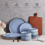 E-far 12-Piece Reactive Glaze Dinnerware Sets, Ceramic Dishes Set for 4, Stoneware Plates and Bowls Dinning Ware, Microwave & Dishwasher Safe - Ocean Blue