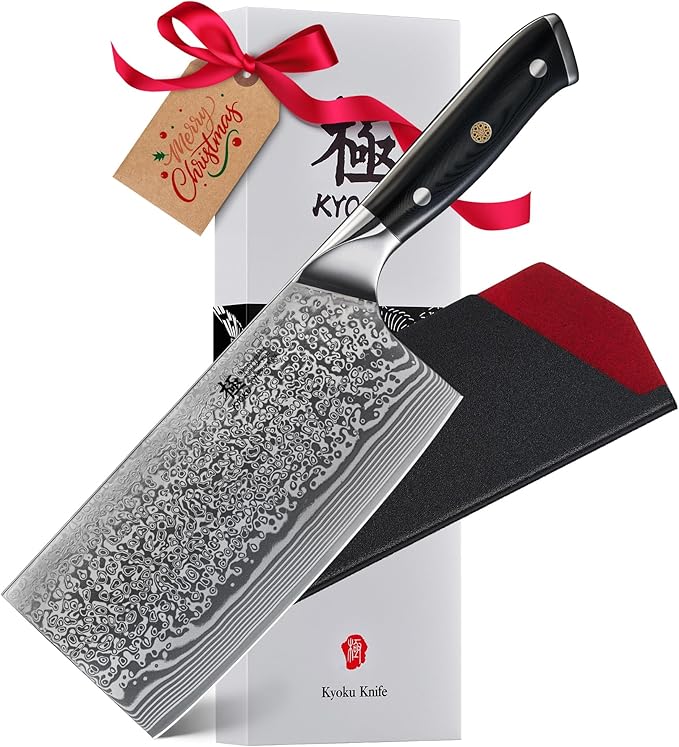 KYOKU Vegetable Cleaver Knife - 7" - Shogun Series - Japanese Style VG10 Steel Core Forged Damascus Blade - with Sheath & Case