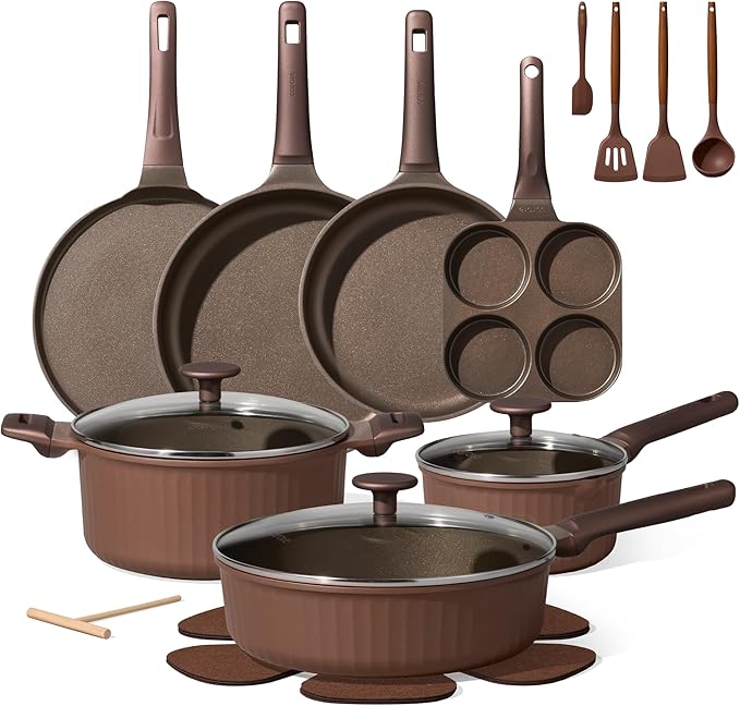 CAROTE Pots and Pans Set Non Stick, Cookware Sets Nonstick 21 pcs Kitchen Pot & Pan, Induction cookwasre Compatible with Crepe Frying Pan PFOA/PFOSFree