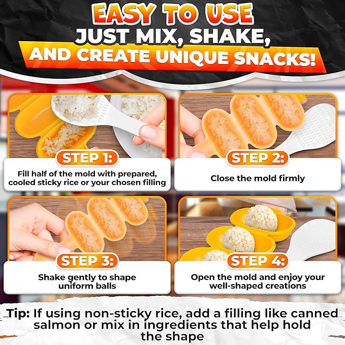 Rice Ball Mold - Mini Rice Ball Maker Mold with 3 Bite-Size Portions, Plastic Shaker with Scoop for Fast Shake Shaping – Versatile Tool for Bento Meals, Temari Sushi, Yaki-Onigiri & Creative Plating