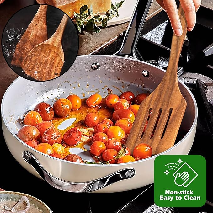 Natural Teak Kitchen Cooking Utensil Set with Holder, Wooden Spoons for Cooking, 10PCS Cooking Spatulas Set with Spoon Rest, Wooden Utensil Set for Nonstick Cookware Sturdy & Lightweight