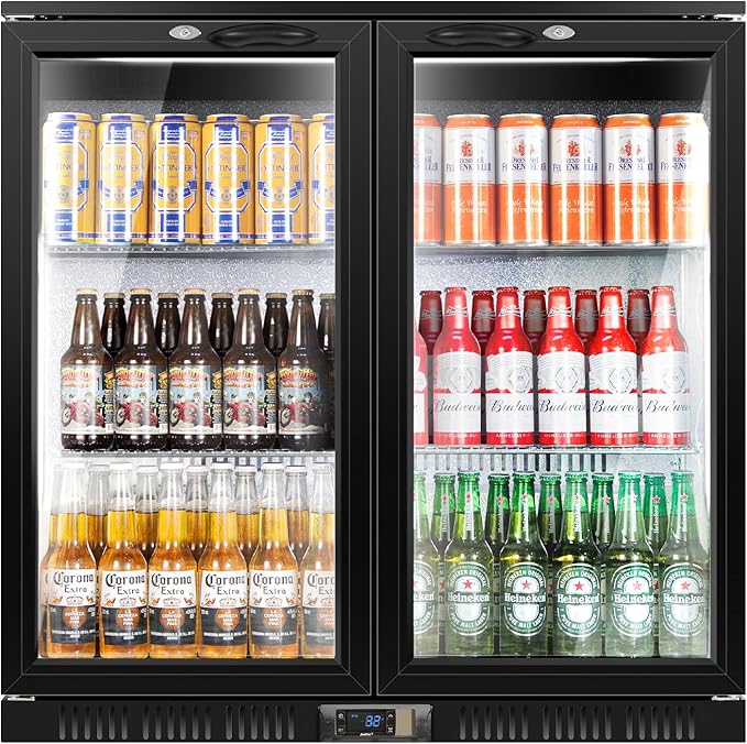 Tylza Back Bar Cooler With 2 Glass Doors, 200L Under Counter Back Bar Refrigerator with LED Lighting, Safety Locks, Counter Height Bar Beverage Cooler for Beer, Soda Drinks, Wine, Black