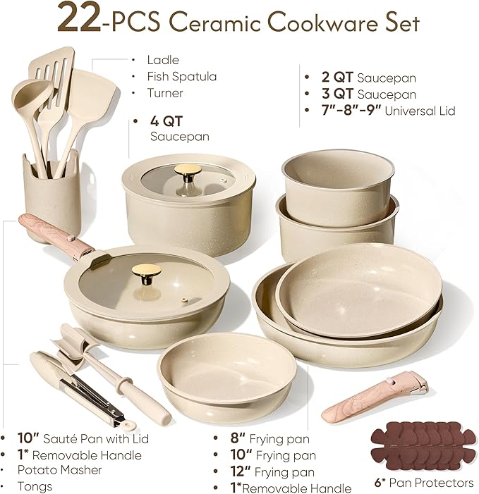 CAROTE 22PCS Pots and Pans set Non Stick, Ceramic Cookware Set, RV Kitchen Cooking Set Removable Handles, Oven Safe, Induction Coolware, Non-toxic Kitchen Cooking Set, PFAS and PFOA Free
