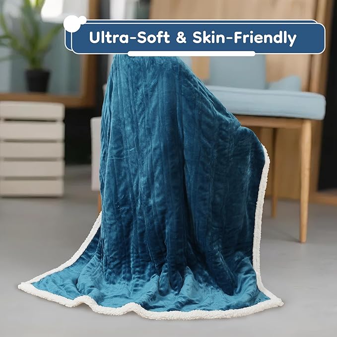 Electric Heated Blanket Throw Size - 50"x60", Soft Flannel Heating Blanket, 4 Heating Levels, 3 H Auto Shut Off, Breathable Warm and Washable for Sofa, Lake Blue
