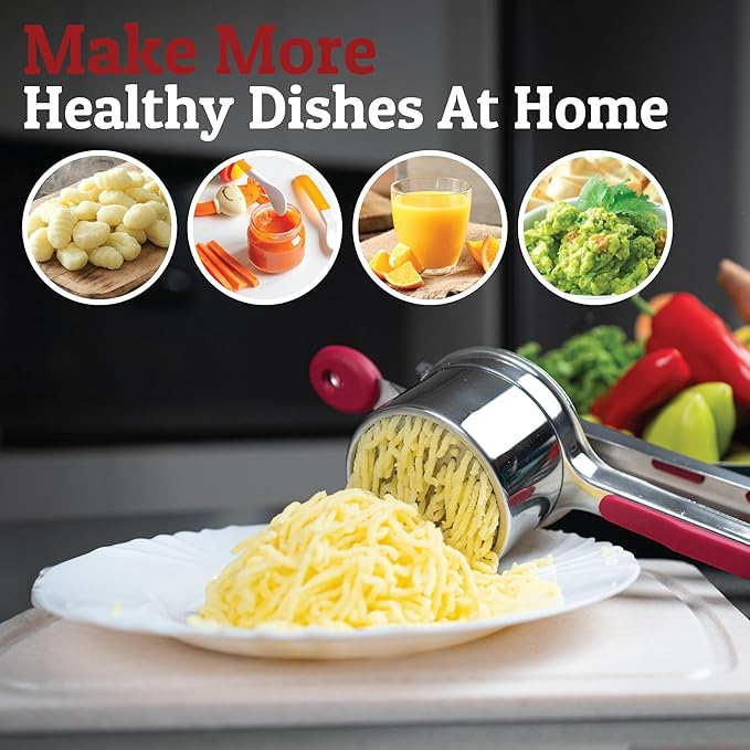 PriorityChef Large 15oz Potato Ricer, Heavy Duty Stainless Steel Potato Masher and Ricer Kitchen Tool, Press and Mash Kitchen Gadget For Perfect Mashed Potatoes - Everytime, Red