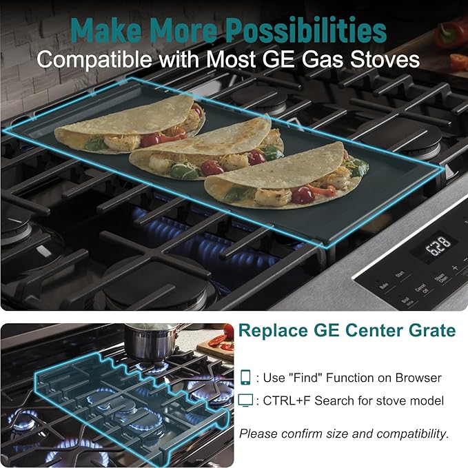 Upgraded WB31X24738 Cast Iron Griddle Replacement for GE Appliance Stove Range Cooktop, Nitrided Non-stick Coating, WB31X49806 Gas Stove Top Center Part for GE, 19.5"×9" Integrated Griddle Plate