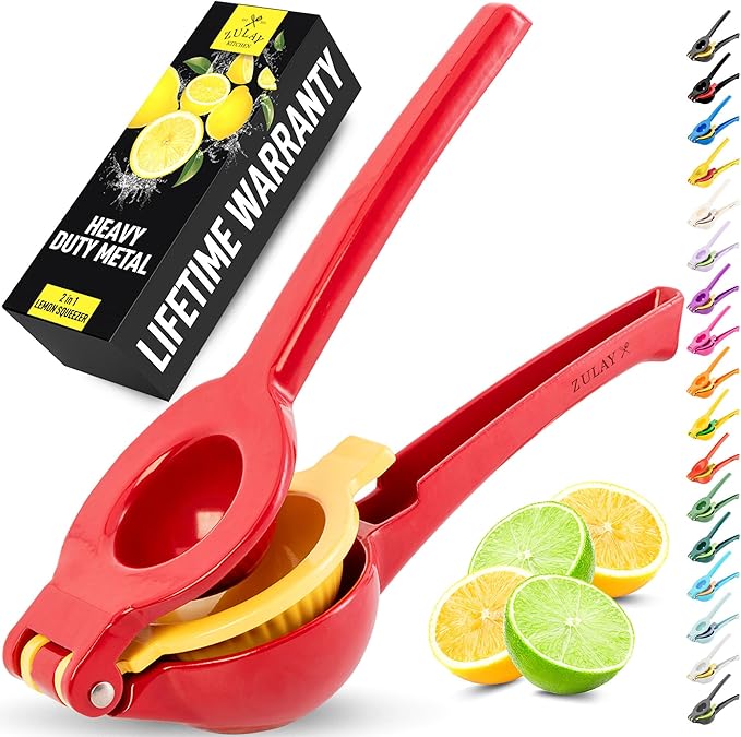 Zulay Kitchen Metal 2-in-1 Lemon Squeezer - Sturdy Max Extraction Hand Juicer Lemon Squeezer Gets Every Last Drop - Easy to Clean Manual Citrus Juicer - Easy-Use Lemon Juicer Squeezer - Red/Yellow
