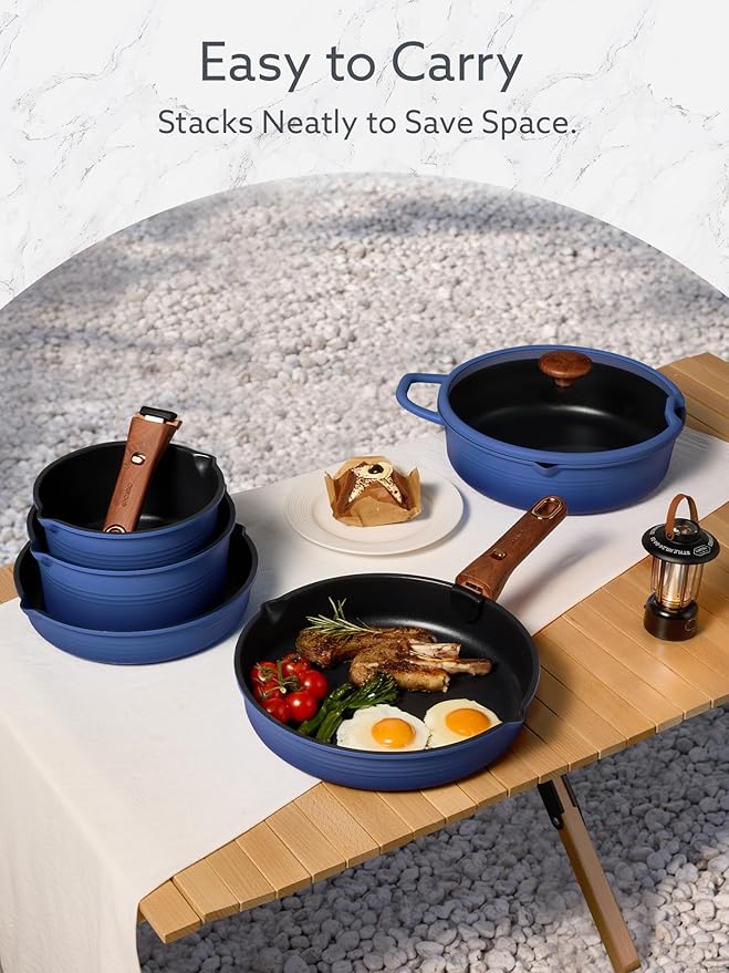 CAROTE 20Pcs Titanium Cookware Set, Pots and Pans Set Non Stick, Kitchen Cooking Set with Detachable Handle, Non Toxic Induction Cookware - Camping Cookware, Dishwasher/Oven Safe, Blue