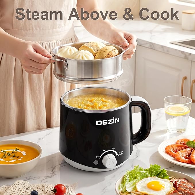 Dezin Hot Pot Electric with Steamer, Rapid Noodles Cooker, Stainless Steel Electric Pot 1.6 Liter, Perfect for Ramen, Egg, Dumpling, Soup, Oatmeal with Temperature Control and Keep Warm Function