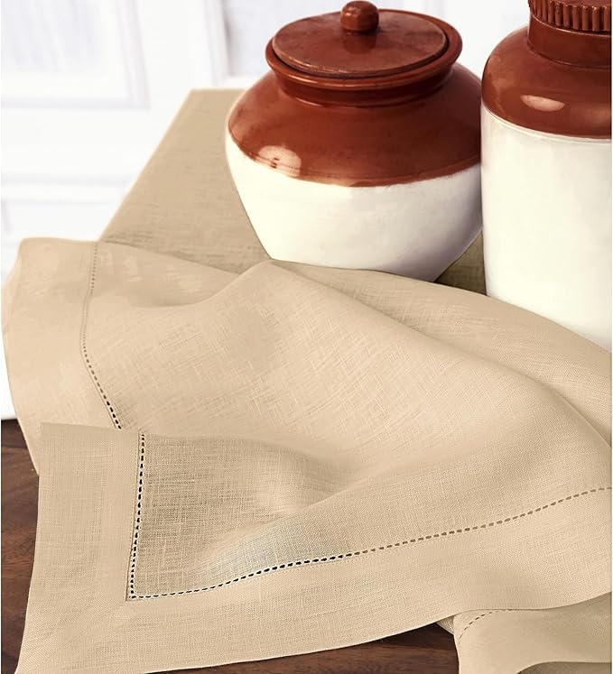 Solino Home Linen Napkins Set of 4 - Classic Hemstitch 100% Pure Linen Beige Dinner Napkins Cloth 20 x 20 Inch for New Year - Handcrafted and Machine Washable
