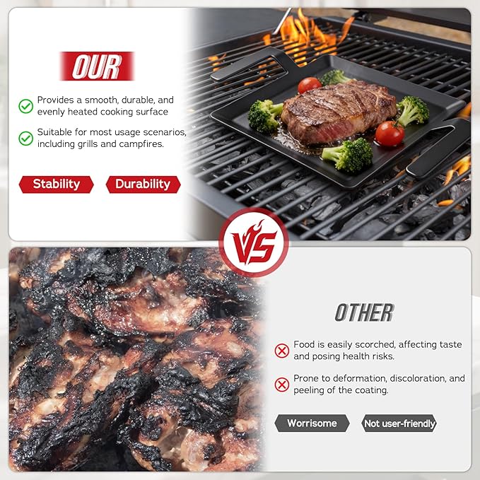 Carbon Steel Griddle, Small Non-Toxic Stovetop Flat Top Pan for Gas, Electric Range, Induction, Grill & Campfire, Pre-seasoned Nitride Coating, Oven Safe to 1200°F, with Heat-insulating Gloves