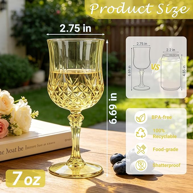 Plastic Wine Glasses, Plastic Goblets Vintage Style Cordial Unbreakable Drinking Glasses, Reusable Drinkware for Wedding Reception, Grand Event Party Supplies (12, Gold)