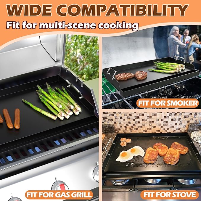 Universal Nonstick Cast Iron Griddle for Gas & Charcoal Grills & Stove Top, Thickened 25" x 16" Flat Top Grill Griddle Plate with Extra High Sidewalls, Grease Groove & Handles, for Camping