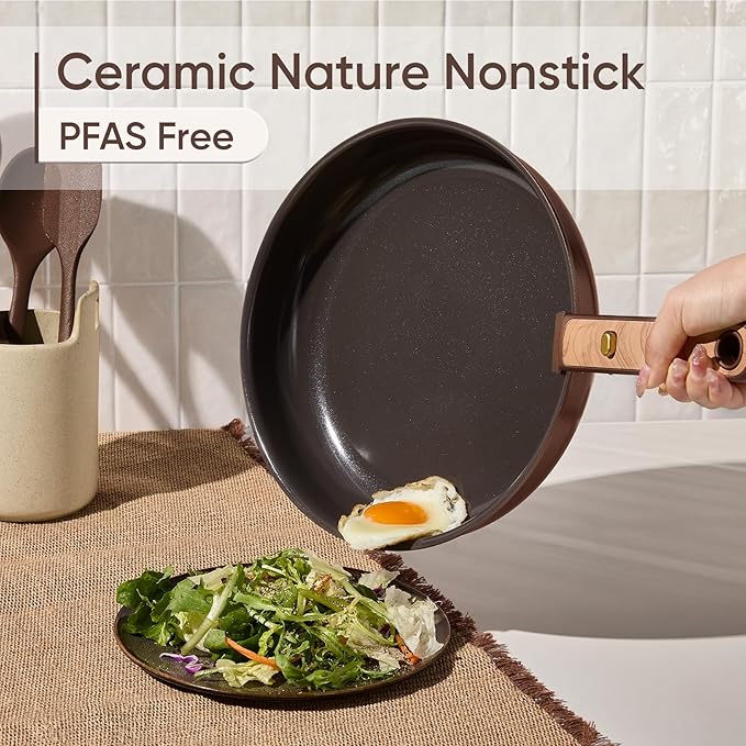 CAROTE 19 Pcs Ceramic Cookware Set, Pots and Pans Set Non Stick with Detachable Handle, RV Kitchen Cooking Set, Induction & Oven Safe, Non-Toxic, PFAS and PFOA Free, Dark Choco