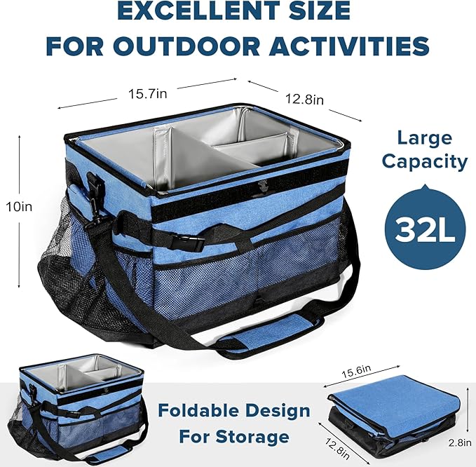 Grill Caddy, Blue Oxford BBQ Caddy with Paper Towel Holder & Lid, Collapsible Tailgating Accessories Basket, Portable griddle Bag Organizer for Outdoor Grilling, Picnic, Camping, Fishing, RV