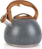 Tea Kettle, Vegoran 100 OZ / 3 Liter Whistling Tea Kettle, Tea Pots for Stove Top Food Grade Stainless Steel with Wood Pattern Folding Handle, Loud Whistle Kettle for Tea, Coffee, Milk (Gray)