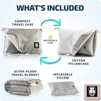 Travel Blanket and Pillow Set — Airplane Blanket with Inflatable Pillow and Cotton Pillowcase, Travel Blanket Combo with Back-Neck Snaps for Long Flights