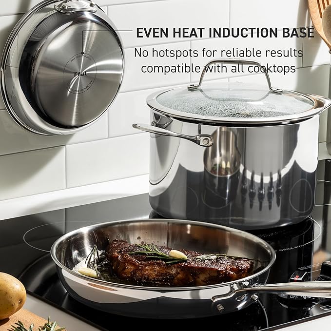 T-Fal Pro Tri-Ply Stainless Steel Saute Pan with Lid, 3 Quart, Induction Pot, Oven Safe 500F, Lid 350F, Deep Frying Pan, Fast & Even Heat, Professional Quality, Durable, Silver