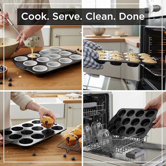 Wrenbury Nonstick Muffin Pan 12 Cup – Deep Cupcake Yorkshire Pudding Tin, PTFE & PFOA Free Carbon Steel, Warp Resistant Baking Tray for Even Bakes