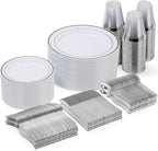 Goodluck 300-Piece Disposable Dinnerware Set for 50 Guests - Silver Plastic Plates, Salad Plates, Cutlery & Cups for Parties & Weddings