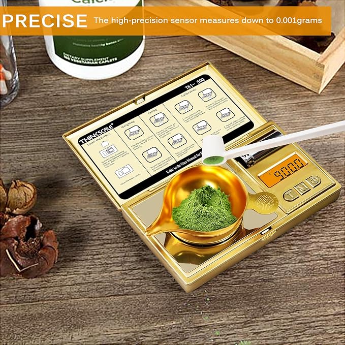 THINKSCALE Digital Milligram Scale, 50g/0.001g Gold Jewelry and Gem Scale, Mg Scale for Powder, Reloading, Micro Gram Scale with Calibration Weight, Includes Scoop, Powder Pan and Tweezers