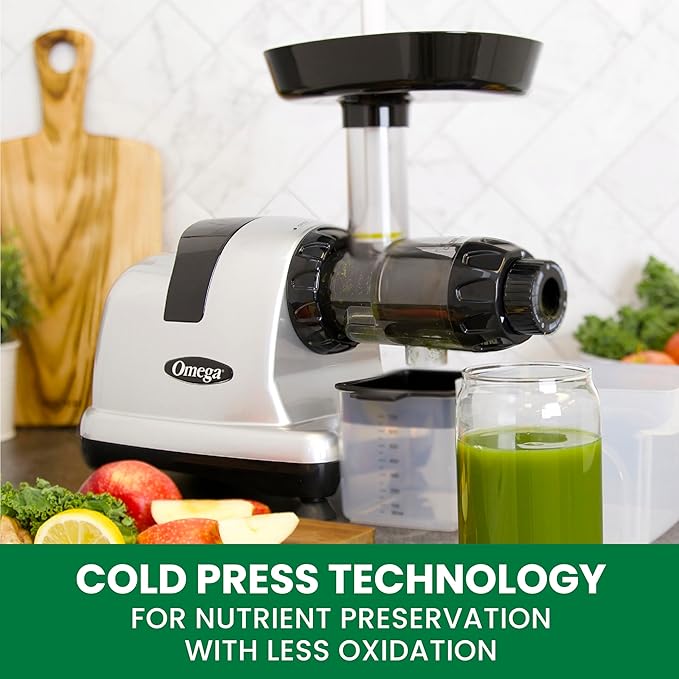 Omega Cold Press Juicer Machine, Vegetable and Fruit Juice Extractor and Nutrition System Makes Nut Milks Baby Food and Sorbets, Triple-Stage 80-RPM Slow Masticating Juicer, 200-Watts, Silver