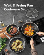 DOTCLAD 3-Piece Hybrid Stainless Steel Cookware Set-12 Inch Wok with Lid,10 Inch Frying Pan,12 Inch Skillet with Lid-Non Stick,PFOA Free,Dishwasher&Oven Safe,Induction Compatible,Cookware Set.