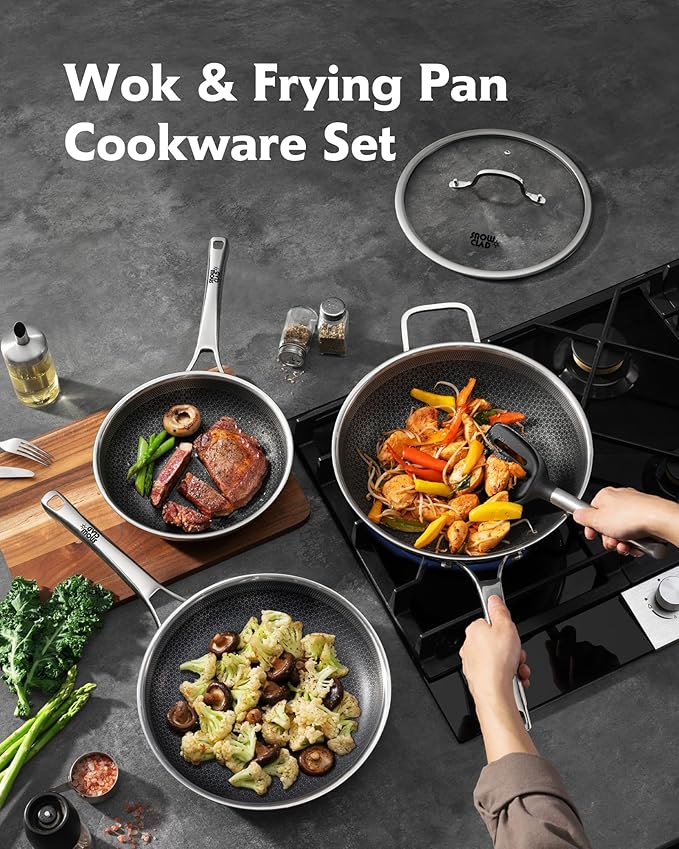 DOTCLAD 3-Piece Hybrid Stainless Steel Cookware Set-12 Inch Wok with Lid,10 Inch Frying Pan,12 Inch Skillet with Lid-Non Stick,PFOA Free,Dishwasher&Oven Safe,Induction Compatible,Cookware Set.