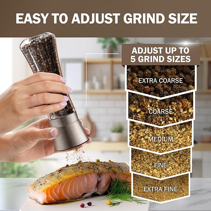 HOME EC Original Stainless Steel Salt or Pepper Grinder 1pk - Adjustable Ceramic Sea Salt Grinder or Pepper Mill - Tall Glass Spice Shaker - Spice Mill w/Ebook (Bronze)