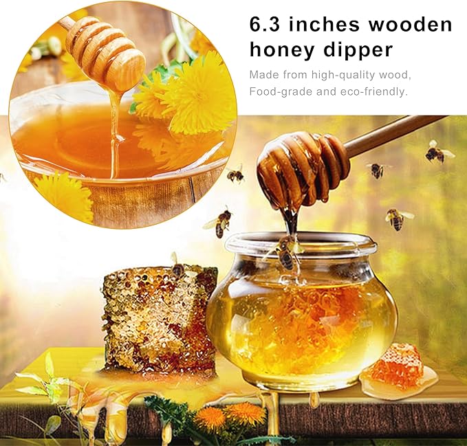 4PCS Honey Mixing Stirrer, 6.3 Inches Wooden Honey Dipper, Smooth Honey Comb Stick, Honey Spoon Collecting Dispensing Drizzling Jam (Round Handle)