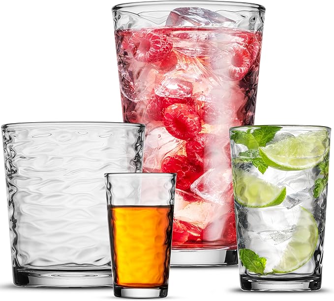 Biscayne Glassware Set, 24-Piece, Mixed Sizes with 16oz Cooler, 13oz DOF, 7 oz Juice and 3oz Shot Glasses - 6 Each Size = 24 Glasses
