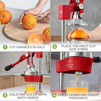 Zulay Kitchen Cast Iron Juicer - Easy-to-Clean Heavy-Duty Manual Juicer, Professional Citrus Juicer - Stainless Steel Lemon Squeezer - Manual Citrus Press & Orange Squeezer - Orange Juicer - Deep Red
