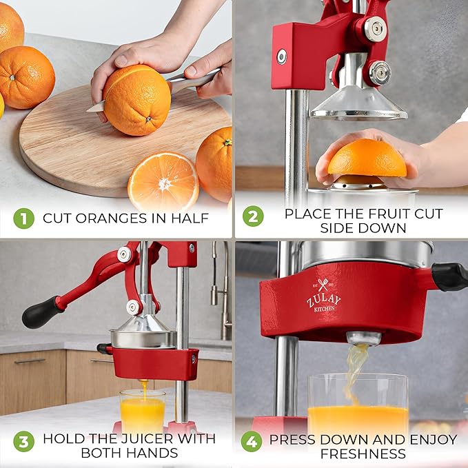 Zulay Kitchen Cast Iron Juicer - Easy-to-Clean Heavy-Duty Manual Juicer, Professional Citrus Juicer - Stainless Steel Lemon Squeezer - Manual Citrus Press & Orange Squeezer - Orange Juicer - Deep Red