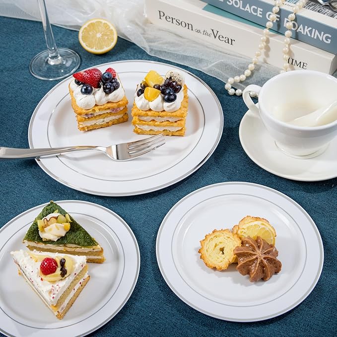 NOCCUR 200PCS Silver Plastic Plates Disposable for 100 Guests - Include 100 Dinner / 100 Dessert Plates Heavy Duty - Ideal for Party/Wedding/Christmas