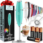 Zulay Kitchen Powerful Milk Frother Wand With 4 AA Duracell Batteries - Ultra Fast Handheld Drink Mixer - Electric Whisk Foam Maker for Coffee, Lattes, Cappuccino, Matcha & Creamer - Aqua
