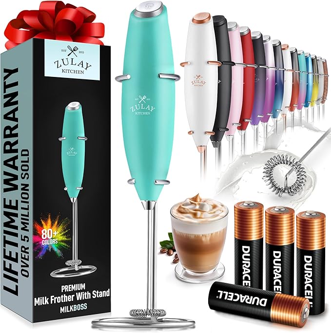 Zulay Kitchen Powerful Milk Frother Wand With 4 AA Duracell Batteries - Ultra Fast Handheld Drink Mixer - Electric Whisk Foam Maker for Coffee, Lattes, Cappuccino, Matcha & Creamer - Aqua