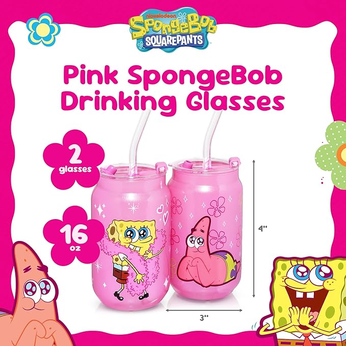 Dragon Glassware x SpongeBob SquarePants 16 oz Drinking Glasses Set of 2 - Glass Cups with Lids and Straws - Iced Coffee Cups with Lids - Reusable Glass Tumbler with Straw and Lid - SpongeBob - Pink