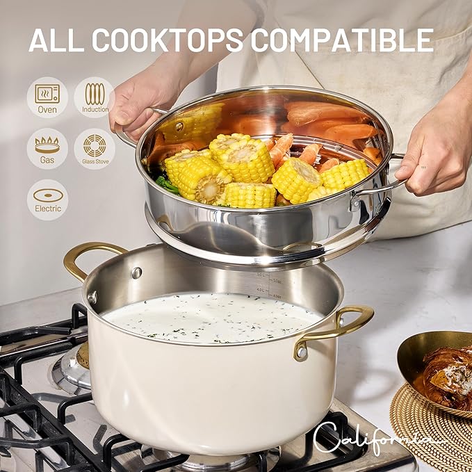 CAROTE 8QT Full Clad Tri Ply Stainless Steel Stock Pot with Lid, Kitchen Stockpot Soup Pot, Outer Ceramic Layer, Even Heating, All Stoves Compatible, Oven & Dishwasher Safe, Stay Cool Handle, White