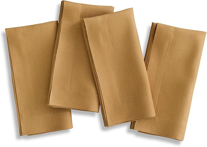Solino Home Linen Napkins Set of 4-100% Pure Linen Caramel Dinner Napkins Cloth 20 x 20 Inch - Fete, Handcrafted and Machine Washable