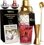 Nikita Cocktail Shaker, 5-Piece Martini Shaker & Bartender Kit with Bar Accessories Strainer, Jigger, Spoon & Muddler, Gold 16oz Drink Mixer with Bartender Accessories