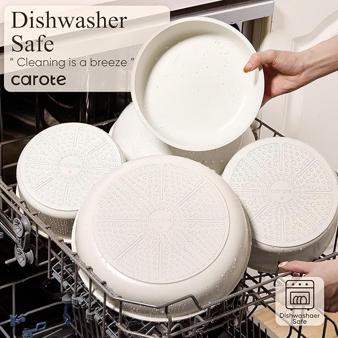 CAROTE Pots and Pans Set Non Stick, Cookware Sets, Kitchen Set, Oven/Dishwasher/Fridge Safe, Space Saving Pots Set, Nonstick Set with Versatile Detachable Handle, Induction RV Set, Cream