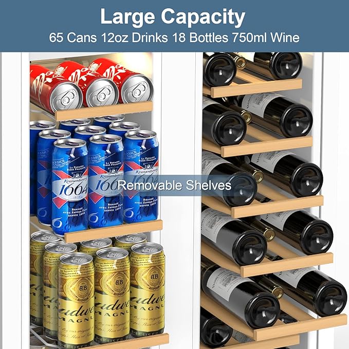 Wine and Beverage Refrigerator, 24 Inch Beverage Cooler Dual Zone with Glass Door, Under Counter Beverage Fridge with Upgraded 65 Cans 18 Bottles Large Capacity, White